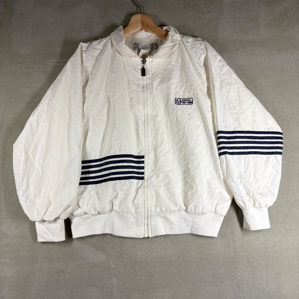 Vintage 90s Sergio Tacchini Windbreaker Jacket White Navy Blue Stripe Small